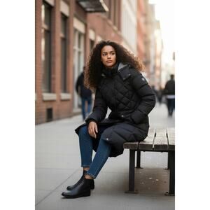 Lauren Ralph Lauren XS Long Puffer Down Coat Hooded Black Quilted